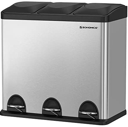 SONGMICS Mülleimer für die Küche, 3 x 18 Liter, Abfalleimer, Treteimer mit 3 Fächern, Inneneimern und 6 Aufklebern für Mülltrennung, Mülltrennsystem, silbern-schwarz LTB54L