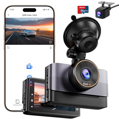 4K+1080P Dashcam Auto Vorne Hinten,WiFi Dash Cam mit 64GB SD Karte,3 IPS,Nachtsicht,G-Sensor,Loop-Aufnahme,170°+140° Weitwinkel,Dashcam auto Unterstützung 24/7 Parküberwachung,App Steuerung,256GB Max
