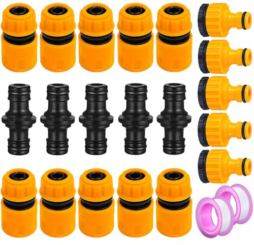 Miyobing 22 Stück Gartenschlauch Verbindungsstück Kit, 10x Schlauchkupplung 1/2 zoll, 5x Doppelstecker Gartenschlauch, 5x 2-in-1 Gewinde Tap Connector (2 Fäden Dichtband)