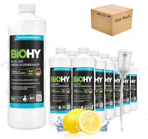 BiOHY Glasreiniger Konzentrat Oberflächenreiniger (12 x 1 Liter) | Fensterputzmittel für Spiegel, Kunststoff, Küche und Bad, schlierenfrei – auch für Fenstersauger und Fensterroboter