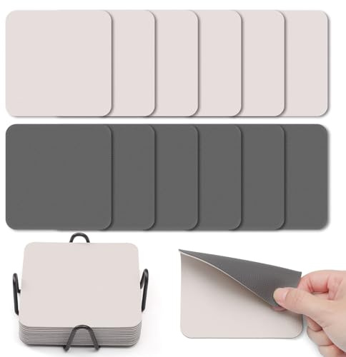 Myir JUN Untersetzer Gläser 12er Viereckige Glas Untersetzer Set 10cm Doppelseitige Untersetzer Teller Wasserfeste rutschfeste Untersetzer mit Untersetzerhaltern(Grau Beige)