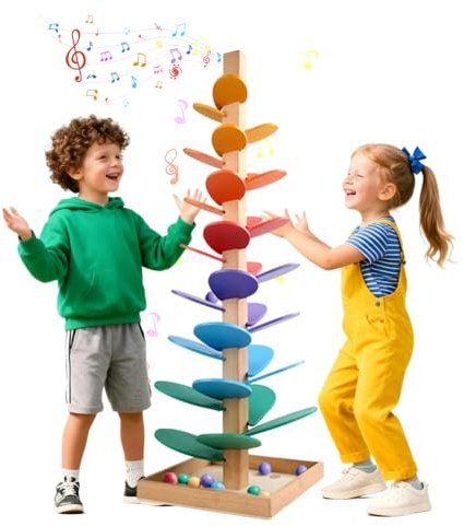 WRQIOO Murmelbahn Holz, Klangbaum, Kugelbahn Holz Baby, Klangturm, Klang Murmelbahn Regenbogen, Murmelturm Ho-lz Montessori mit 10 Kugeln, für ab 3 Jahr