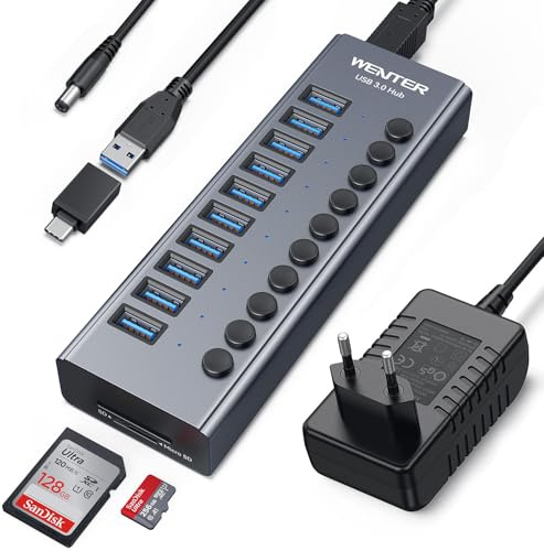 Powered USB 3.0 Hub, Wenter 10 Ports 36W USB Hub Aktiv, Aluminium USB Splitter mit individuellen EIN/Aus Schaltern, SD/TF Kartenleser und USB Hub mit Netzteil für PC/Laptops/MacBook Pro/Air/iMac/iPad