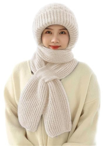 YJWZ Integrierter Gehörschutz Winddichte Mütze Schal,2 in 1 Winddichter Mützenschal Niedlich Mütze Schal Set Damen mit Brosche Winter Warm Strickmütze, Kapuzenschal für Frauen