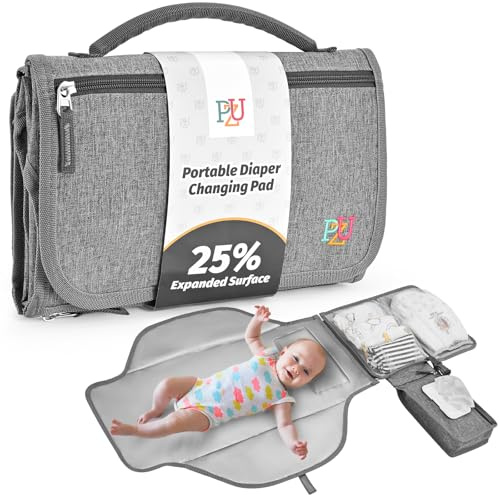 Wickelunterlage Unterwegs - Tragbare Wickelauflage für Baby mit Wischtasche, wasserdicht und leicht zu reinigen, Grau