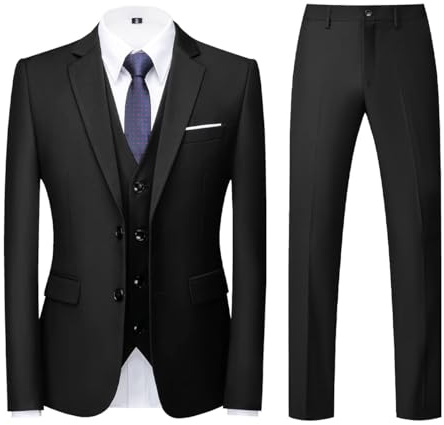 KUDORO Herren Anzüge 3-teilig Slim Fit Einreihig Zwei Knöpfe für Hochzeit Business Anzug Herren Formell Sakko Weste Hose(Schwarz,XL)