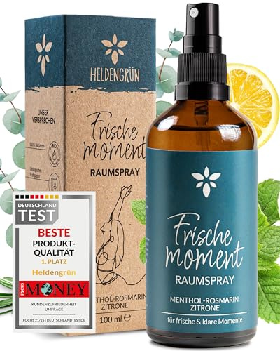 Heldengrün® Raumspray Frischemoment [ECHTE BIO-ÖLE] Dermatologisch getestet - Frische Luft Raumspray - Bio Raumduft mit Minze, Rosmarin & Zitrone - Textil Duftspray & Lufterfrischer