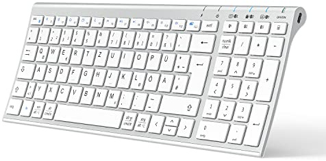 iClever Bluetooth Tastatur, BK10 Kabellos Tastatur mit 3 Bluetooth Kanälen, Ultraslim wiederaufladbare QWERTZ Deutsche Wireless Keyboard für Windows PC, Linux, Chrome, Mac, Weiße Tasten ​​​​​​​