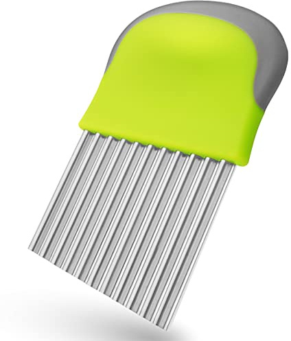 Villkin Wellenschneider aus Edelstahl - Spülmaschinengeeignet - Ergonomischer Griff für sicheren Halt - Für Kartoffeln, Gemüse und Obst – Gleichmäßige Wellen- und Riffelschnitte (1x Grün-Grau)
