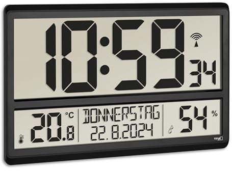 TFA Dostmann XL Wanduhr digital, 60.4520.01, mit Temperatur und Luftfeuchtigkeit, Wochentag (8 Sprachen), Funkuhr, gut ablesbar, groß, schwarz
