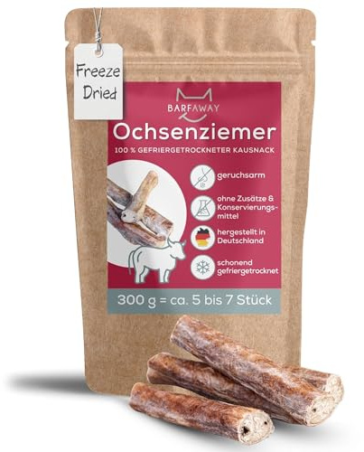 BARFAWAY Ochsenziemer, gefriergetrockneter Langer Kausnack für Hunde, 100% natürlich ohne Zusätze, Deutsche Herstellung, geruchsneutral, 300 g