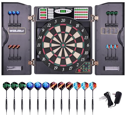 WIN.MAX Elektronische Dartscheibe Profi Set mit 211 Varianten für 1 bis 16 Spieler mit 12 Darts + 12 Flights 100 Pfeilspitzen Zubehör