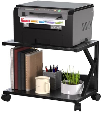 Huhote 2-Ebene Druckerständer, Druckertisch mit arretierbaren Rädern, mobiler Druckerwagen, Druckerhalter Industrie-Design, Drucker Stand für Büro, Zuhause, Schule, Fax, Kopierer, Scanner (Schwarz)
