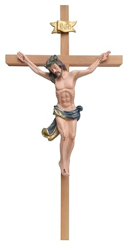 Kaltner Präsente Geschenkidee – Holzkreuz Wandkreuz Kruzifix aus Echtholz Buche Kreuz unbehandelt mit Jesus Christus Figur aus Kunststein handbemalt (Höhe 50 cm)