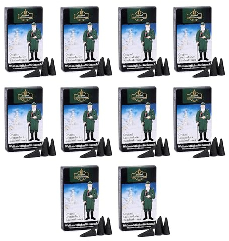 Crottendorfer Räucherkerzen Weihnachtlicher Weihrauch 10er Pack | 10 x 24 Stück, kräftiger Weihrauch mit Vanillenote, Höhe 2.7 cm, Brenndauer ca. 15 Minuten je Kegel, für Duftdeko