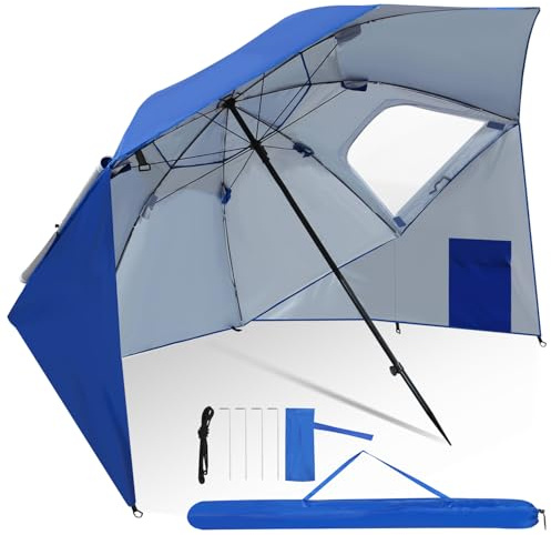 Herrselsam Sonnenschirm Strandmuschel | Robuster 2IN1 Schirm für Strand Garten | Sonnencreme Wasserdichter UV-Schutz | faltbar multifunktional | Blau