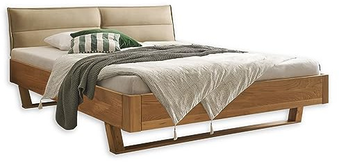 TJARK Modernes Massivholzbett 180x200, Eiche - Komfortables & hochwertiges Balkenbett mit gepolstertem Kopfteil - 186 x 89 x 219 cm (B/H/T)
