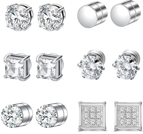 Pluvyze 6 Paar Magnet Ohrringe Herren, 6mm, Ohne Piercing, Magnetic Earrings für Herren und Damen, Edelstahl, Silber, Einfarbig