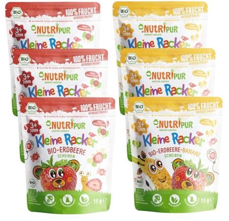 BIO Frucht Snack für Kinder: 6x15g Bananen und Erdbeeren Gefriergetrocknet – Gefriergetrocknete Früchte – Getrocknete Früchte – Kleine Racker NutriPur