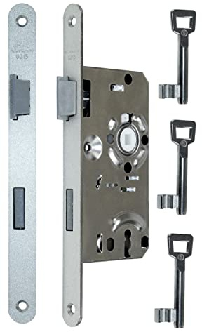 BKS Standard Zimmertürschloss/Türschloss mit 3x Buntbart Schlüssel, 55/72/8, Stulp: 20 x 235mm abgerundet, DIN Links incl. SN-TEC® Montageset (LINKS)