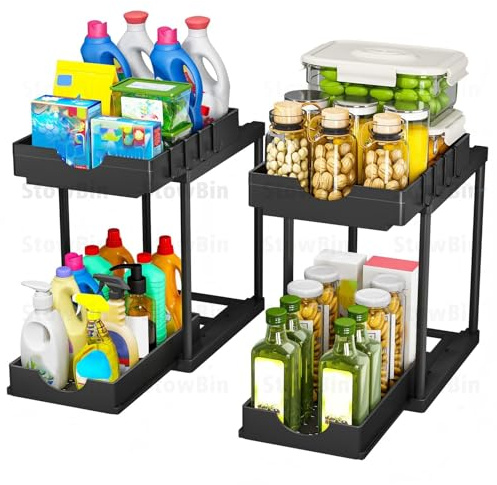 StowBin Küchen Organizer, 2 Pack Unter Waschbecken Regal mit 4 Haken, Spülschrank Organisation, Badezimmer Organizer, Schrank Organisation, Ordnungssystem für Küche