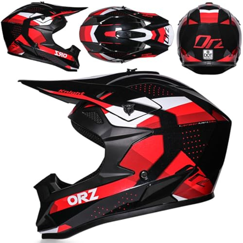 MODRYER ATV Offroad Motorradhelm ECE-Zertifiziert Motocross Helm MX Dirtbike Helm Kinder Erwachsene Integralhelm Crosshelm Fullface Mit Brille Handschuhe Maske Für Enduro Quad,Red-M/54~55cm