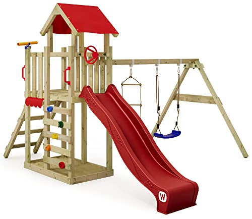 Wickey Spielturm Klettergerüst MultiFlyer Light, Schaukel & roter Rutsche, Outdoor Kinder Kletterturm mit Sandkasten, Leiter & Spiel-Zubehör für den Garten