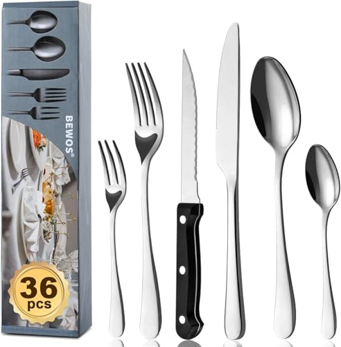 BEWOS 36-teiliges Besteck set mit Steakmesser Service für 6, Premium-Edelstahl-Bestecksets für Haus & Küche, Hochwertiges Messer-Löffel-Gabel-Besteck-Set Hochglanzpoliert, Spülmaschinenfest, Silber
