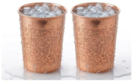 BRACOP® Reine Kupfergläser 2er-Set Wasserbecher Trinkflasche geprägtes Glas Moscow Mule Becher Trinkglas Ayurveda-Blumen-Kupferglas-Servierbesteck-Set
