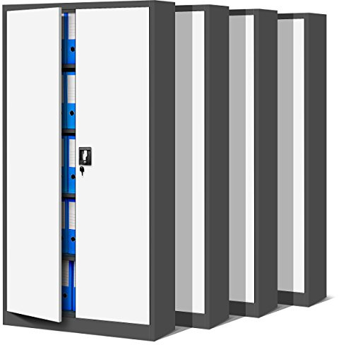 Jan Nowak 4er Set Aktenschrank Metallschrank, abschließbar, 185x90x40 cm | 4 Büroschränke für 200–240 Ordner, 4 verstellbare Fachböden je 50 kg, Flügeltüren, Drehgriffschloss, Stahl 0,6 mm, Holzoptik