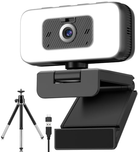 Webcam mit Mikrofon, 2K Webcam mit Licht und Privatsphäre-Abdeckung, PC Kamera für Laptop/Desktop, Bildspiegelung und 5X Zoom, Plug & Play USB camera für Streaming, Videokonferenzen, Homeoffice