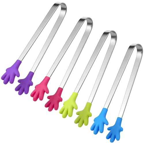 HAKACC 4 Stück Mini Zuckerzangen Set, Edelstahl Servierzangen mit bunten Silikongriffen, Lustige Hand-Zangen für Candybar und Kindergeburtstag, Buffet-Zangen für Obst, Eis und Snacks