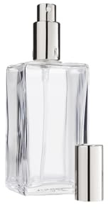 Fantasia Parfum Flakon leer 100ml mit Zerstäuberpumpe, eckige Klarglas Flasche zum selbst Befüllen, mit Parfum Zerstäuber und Kappe in Silber, nachfüllbar für 100ml