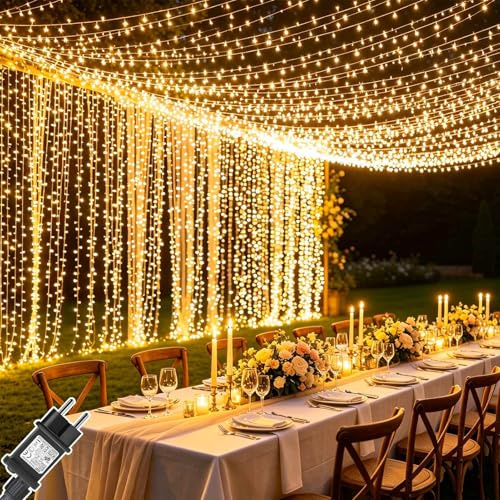 Cozymeow 2 Stück Lichtervorhang Aussen 6x3m 600 LED Lichterketten Vorhang | Stecker, Timer, 8 Modi, Wasserdicht Lichtervorhang Wand Balkon Pavillon Terrassen Hochzeit Weihnachten Geschäftlich Deko