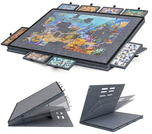 Becko US Kippbares Puzzlebrett mit 2-in-1-Ständer und Abdeckung, Leichter Filz-Aufbewahrungskoffer mit 8 Schubladen für Erwachsene, tragbarer Puzzletisch für Spiele mit bis zu 1500 Teilen