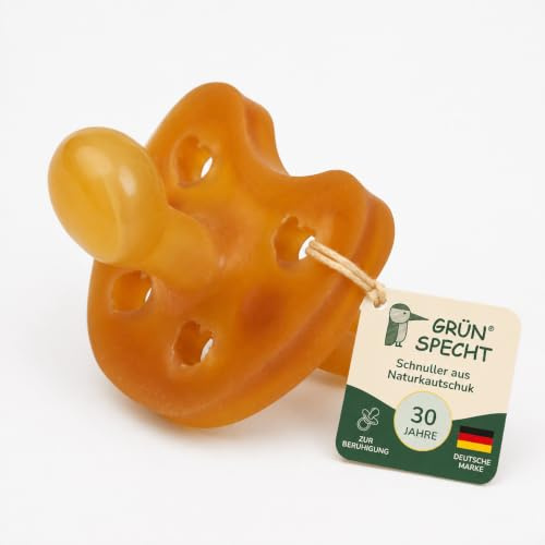 GRÜNSPECHT Schnuller aus Naturkautschuk, Größe 6-18 Monate | Kiefergerechtes Saugteil, Weiches Schild, ohneFarbstoffe, Entspricht der DIN EN 1400