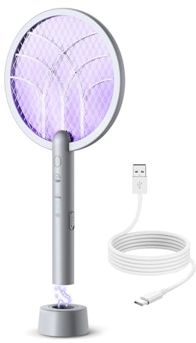 Mosiller Elektrische Fliegenklatsche, 4000V Fliegenklatsche Elektrisch, 2 in 1 USB Insektenvernichter Insektenfalle Elektrisch mit Ladestation, UV Elektrischer Mückenklatsche & Fliegenfänger