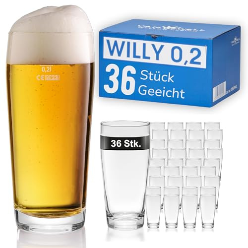 Van Well Willibecher 0,2l 36er Set - Premium Biergläser 0,2 Liter - Robustes Bierglas, Spülmaschinengeeignet, Geeicht - Pint Gläser in Gastronomiequalität - Trinkglas 200 ml für Gastronmie und Zuhause