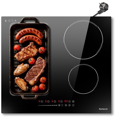 Karienvir Induktionskochfeld 60cm, Kochfeld Induktion 4 Platten, Flexzonen | 3500W, Boost-Funktion, 9 Leistungsstufen, Sicherheitsschloss, Schieberegler, Pause, Warmhaltefunktion, Timer, Stecker