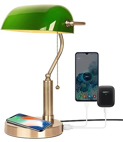 FIRVRE Schreibtischlampe Retro, Bankerlampe Grün mit Drahtloser Aufladung et USB Port, Tischlampe Vintage für Einrichtung
