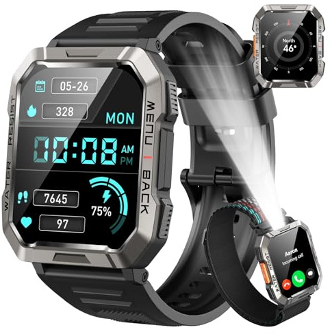 Smartwatch Herren Militär, 100 Tage Akkulaufzeit/LED Taschenlampe/Kompass/2 Armbänders/IP68 Wasserdicht, 100+Sportmodi Sportuhr, Anrufe tätigen/Empfangen Smartwatch Outdoor Fitnessuhr für Android iOS