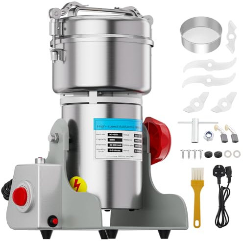 Getreidemühle Elektrisch, 800g Hochgeschwindigkeits-Gewürzmühlen mit 2400 W, 30-300 Mesh Gewürzmühle für Kräuter/Gewürze/Nüsse/Getreide mit Überlastschutz