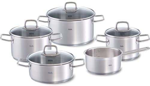 Fissler, Viseo Topfset 5-teilig, Edelstahl, 3 Kochtöpfe & Bratentopf mit Glasdeckeln, Stielkasserolle ohne Deckel, Induktion
