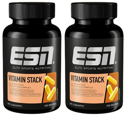 ESN Vitamin Stack, Multivitamin Kapseln, 2 x 120 Stück, Hochdosiert, 13 Wertvolle Vitamine in einer Kapsel, nur 1 Kapsel täglich, Made in Germany