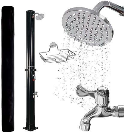 Dönges novaterra® Solardusche schwarz mit 40L Tank - Gartendusche & Campingdusche mit Regenduschkopf, Fußdusche, Schutzhaube & Ablageschale - für Garten & Camping, Wassererwärmung bis 60°C ohne Strom