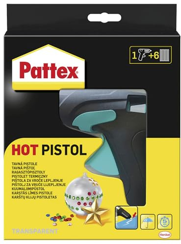Pattex Heißklebepistole / Klebepistole mit mechanischem Vorschub und hitzeisolierter Düse / Set mit Pattex Heißklebepistole + 6 Klebesticks, Ø 11 mm