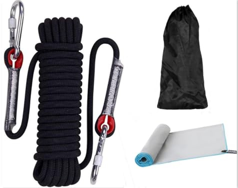 Mehrzweckseil für den Außenbereich + schnell trocknendes Handtuch, Länge 10 m (D10 mm), Nylonseil mit 2 Karabinern, Tragkraft 1200 kg, Rettungsseil, Bergsteigen, Klettern, Camping, Schwarz