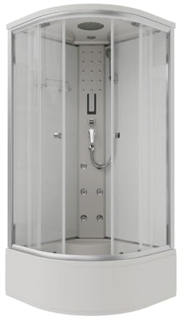 Sanotechnik Komplettduschkabine PR55 90×90×215cm – All-in-One Komplettdusche | 5mm ESG-Türglas, 6 Massagedüsen, Kopf- & Handbrause, Sitzbrausetasse 34cm, Touch-Radio & LED, PR55