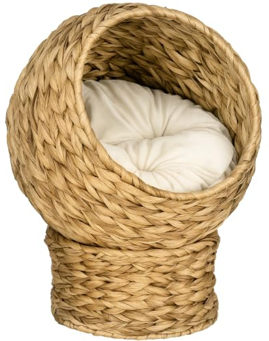 PawHut Rattan Katzenkorb Katzenhöhle, mit Kissen 40 x 37 x 51 cm Braun | Katzenhütte, Katzenbett, Haustierbett, Wasserhyazinthe