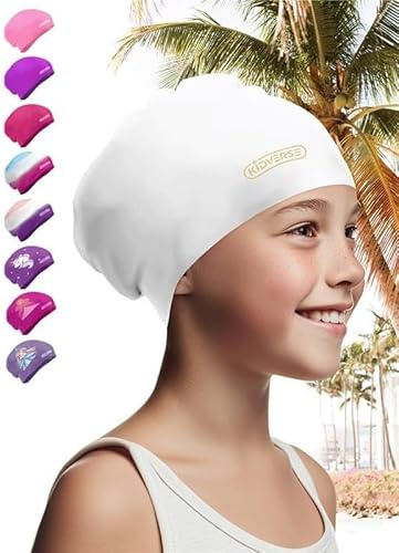 KIDVERSE Badekappe Kinder Lange Haare - Schwimmhaube Kinder mit Anti-Rutsch-Noppen - Badekappen für Schwimmer mit UV Schutz - Badehauben für Lange & voluminöse Haare